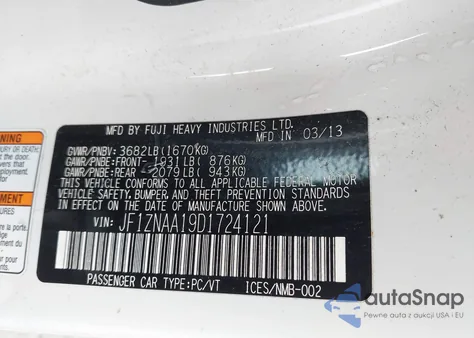 2013 Scion Fr-S из США, поврежденный, VIN JF1ZNAA19D1724121